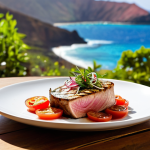 A perfectly grilled tuna steak, showcasing a seared, slightly caramelized exterior and a tender, rosy-pink interior. The tuna is artfully arranged on a simple, rustic ceramic plate, garnished with a vibrant fresh side salad of sliced tomatoes, red onions, and fresh herbs. In the background, a subtle, blurred view of the pristine Cabo Verde coastline under warm, natural sunlight, evoking a tranquil culinary experience. Professional food photography, high resolution, detailed, safe for work, appropriate content, fully clothed, modest, family-friendly, perfect anatomy, natural proportions.