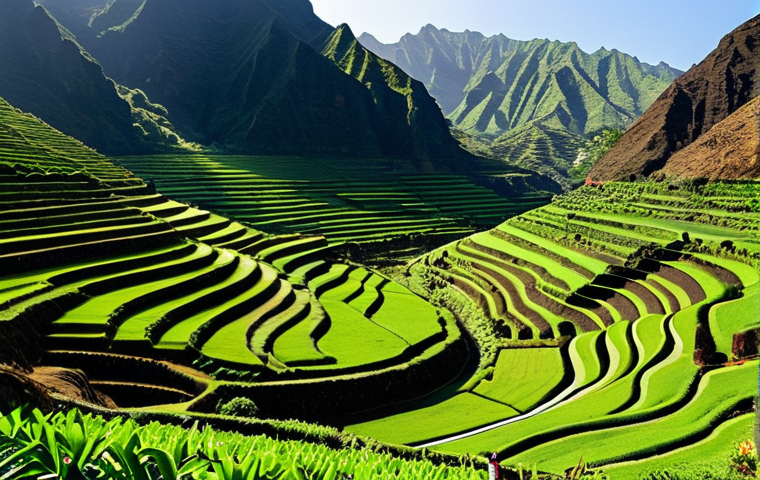 Santo Antão - Valley of Paúl**
"A lush, green valley in Santo Antão, Cape Verde, with terraced farms and a winding river. Farmers in traditional, modest clothing are working the land. Mango and banana trees are abundant. In the background, steep mountains rise. Morning light, vibrant colors, perfect anatomy, correct proportions, natural pose, well-formed hands, proper finger count, professional photography, high quality, safe for work, appropriate content, fully clothed, family-friendly."
**