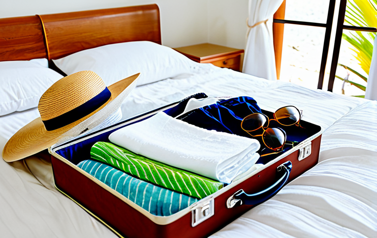 카보베르데 날씨 및 기후 - Packing for Cape Verde**
"Open suitcase on a bed, filled with neatly folded light clothing (cotton ...