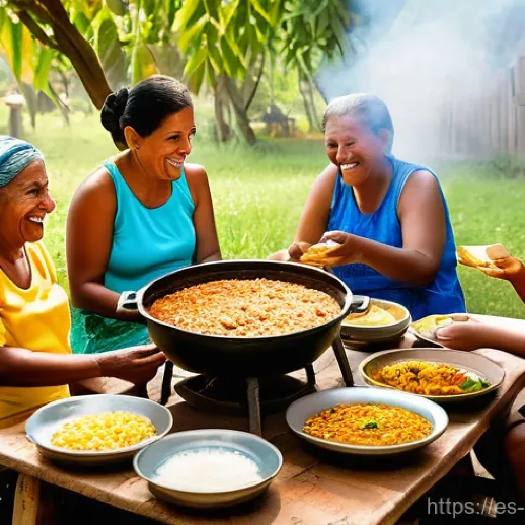 카보베르데 현지인 추천 맛집 - A vibrant scene depicting a traditional Cape Verdean "cachupa rica" meal being enjoyed by a multigen...