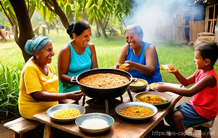 카보베르데 현지인 추천 맛집 - A vibrant scene depicting a traditional Cape Verdean "cachupa rica" meal being enjoyed by a multigen...