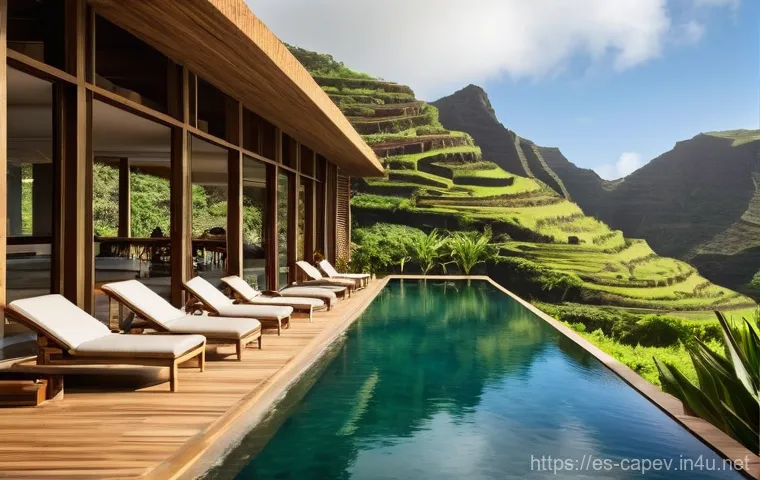 카보베르데 친환경 숙소 - **Sustainable Eco-Lodge in Santo Ant&atilde;o, Cabo Verde:** A serene, wide-angle shot of a beautifully int...