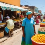 카보베르데 공용어 - **Vibrant Cape Verdean Market Life:** "A bustling, sun-drenched street market scene in a coastal tow...