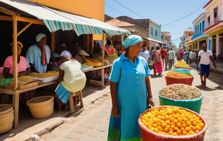 카보베르데 공용어 - **Vibrant Cape Verdean Market Life:** "A bustling, sun-drenched street market scene in a coastal tow...