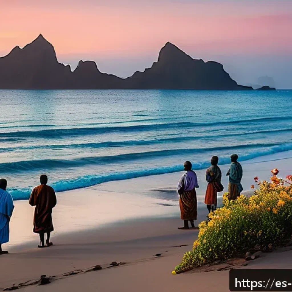 카보베르데 흥미로운 미신 - A serene coastal scene at dawn in Cabo Verde, featuring a group of fishermen standing on a sandy bea...