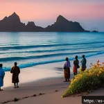 카보베르데 흥미로운 미신 - A serene coastal scene at dawn in Cabo Verde, featuring a group of fishermen standing on a sandy bea...
