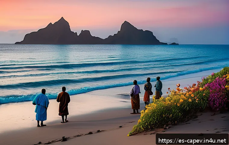 카보베르데 흥미로운 미신 - A serene coastal scene at dawn in Cabo Verde, featuring a group of fishermen standing on a sandy bea...