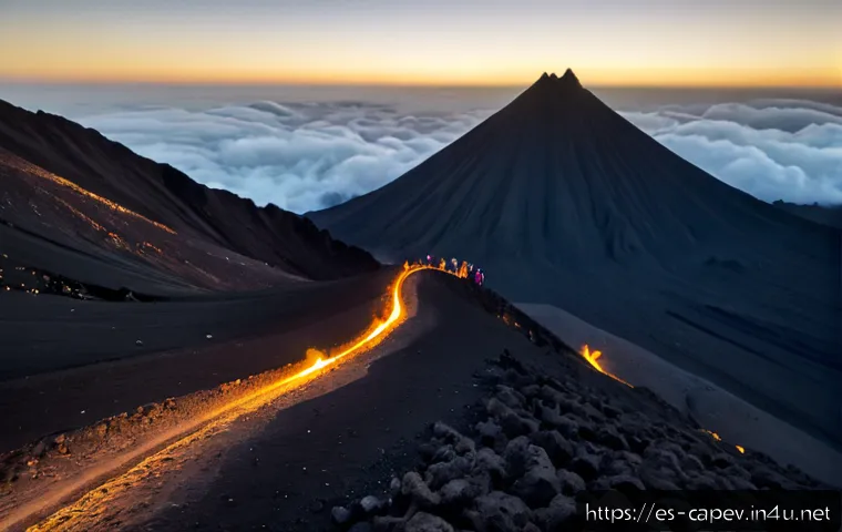 카보베르데 포고 화산 탐험 - Photorealistic wide-angle sunrise view of Pico do Fogo volcano in Cape Verde, a small group of adult...
